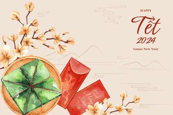 Watercolor Tet New Year Celebration Background – Festive Lunar Design